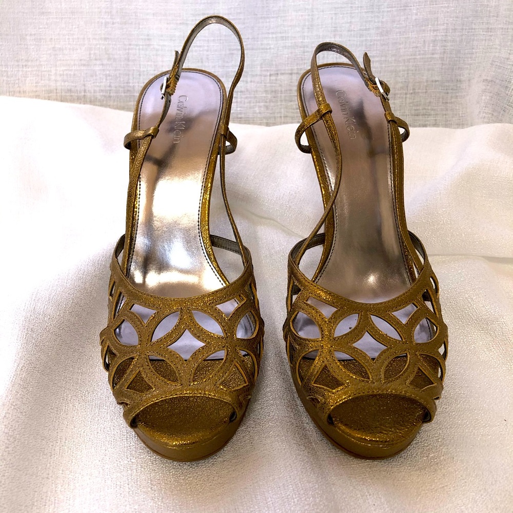 Calvin Klein Gold Strappy Sandals, Platform Heels